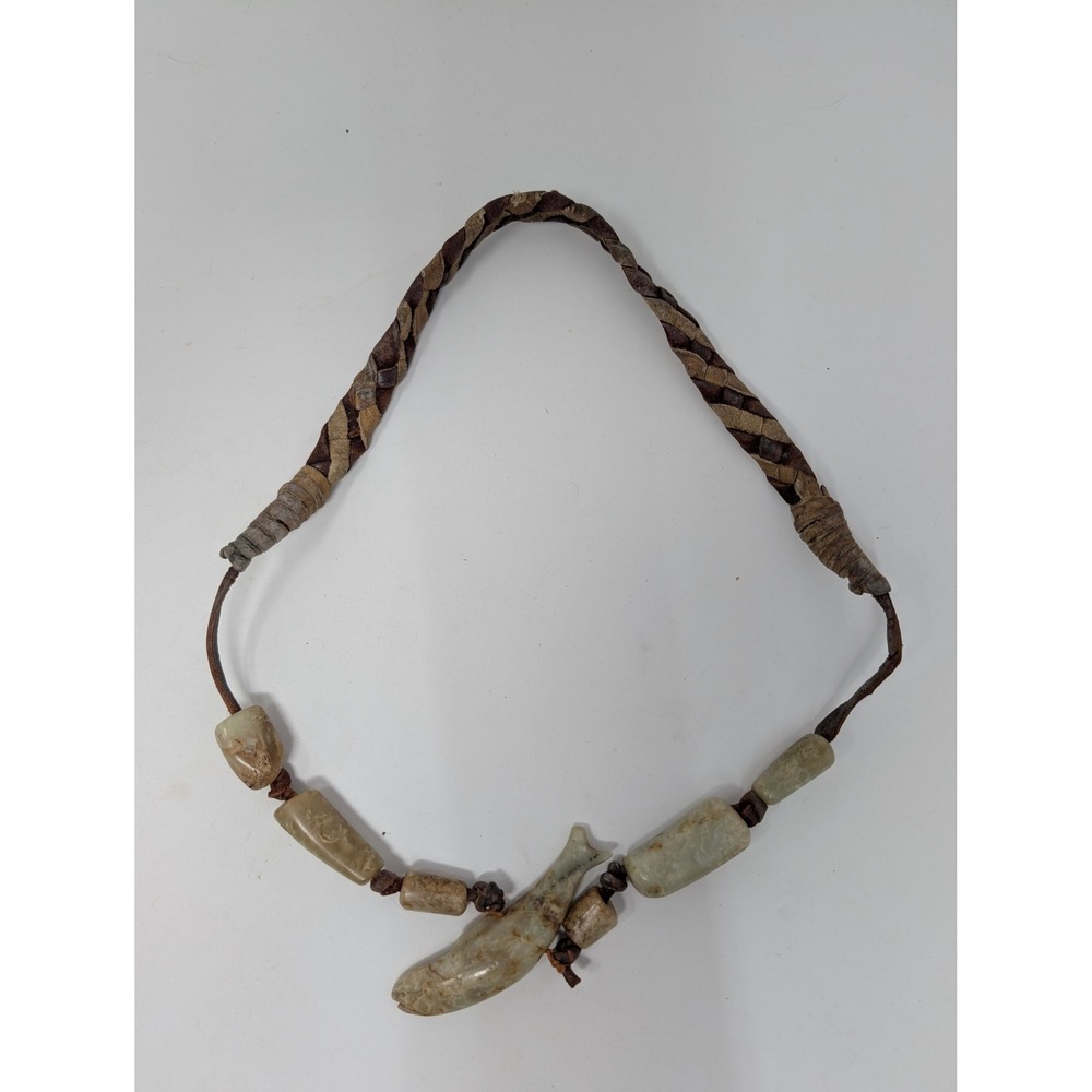 Vintage Carved Stone Fish Pendant‎ Necklace Braided Leather Cord Tribal Boho